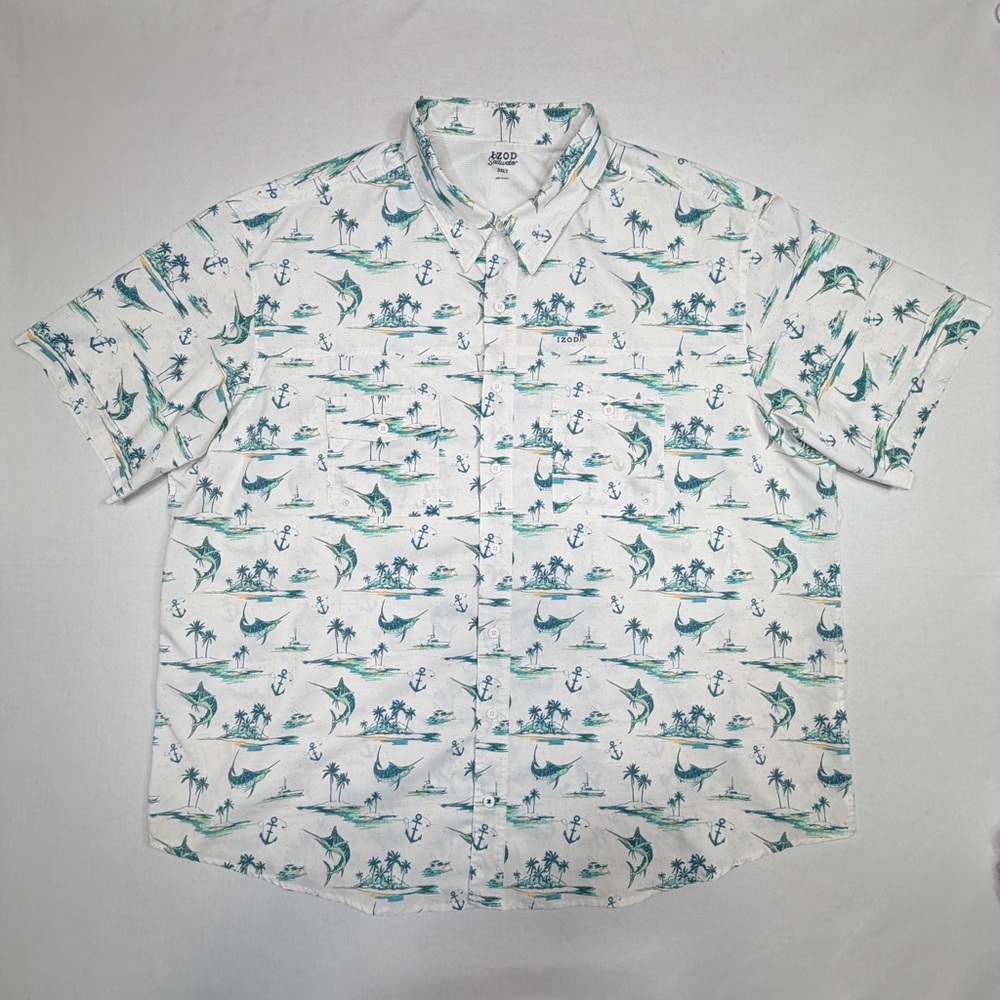 IZOD Saltwater Performance Shirt Men's 3XLT Short Sleeve Marlin Print Beach EUC